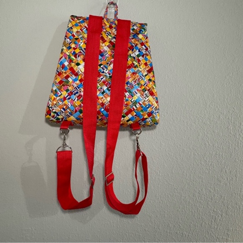 Colorful Handmade Upcycled Woven Backpack with Red‎ Straps - Picture 2 of 10